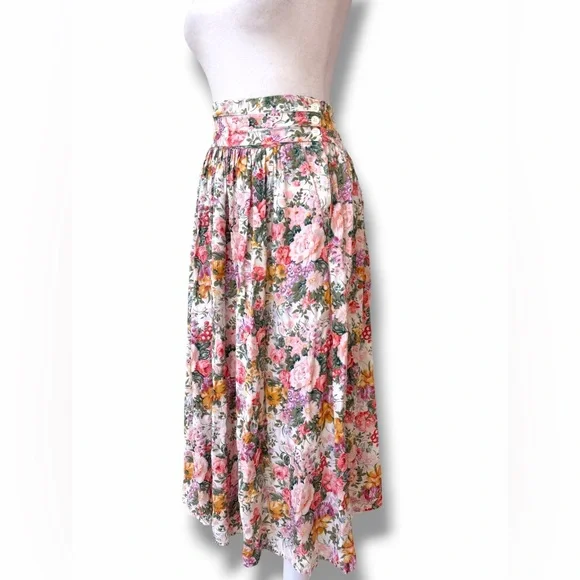 Vtg 80s Floral Cottagecore High Waist Floral Midi Skirt With Pockets XS - Picture 3 of 14
